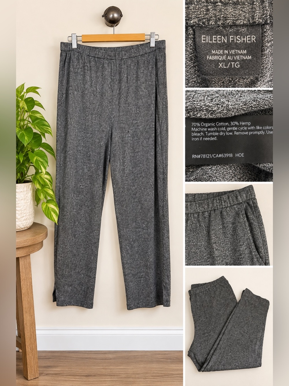 Eileen Fisher Organic Cotton Hemp Tapered Crop Pants Size XL Pull On Pockets